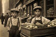 portrait of poor 10 year old children in front of a fruit shop in the streets of New York in the early twentieth century