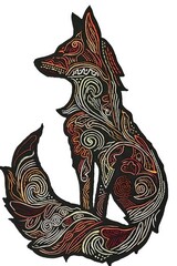 Wall Mural - A drawing of a fox with swirly patterns, embroidery on white background