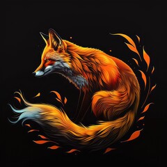 Poster - A painting of a red fox with leaves around it