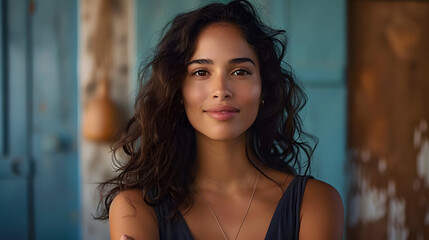 Sticker - Young Latina woman in portrait with crossed arms and a cheerful smile. Beautiful woman looking at camera with her arms crossed. generative ai