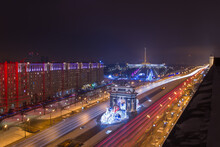 Arch Of Triumph With Illumination And Poklonnaya Hill Memorial At Night In Moscow, Russia