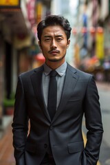 Wall Mural - Frowning Asian man in a business suit standing on the street, selective focus