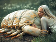 Piękna kobieta przytula wielkiego robaka fantasy