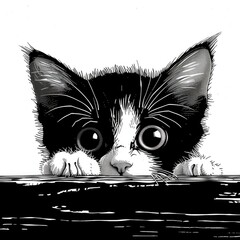 Wall Mural - A black and white cat peeking over a fence