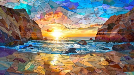 Sticker - stained glass window sunset with landscape