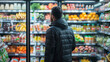 © Sweetrose official  - Close up rearview photography of a man in a supermarket or grocery store looking at the shelf full of products, comparing prices and choosing what to buy, male customer behavior in a grocery shopping