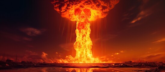 Nuclear explosion in the dark forest. 3D render illustration