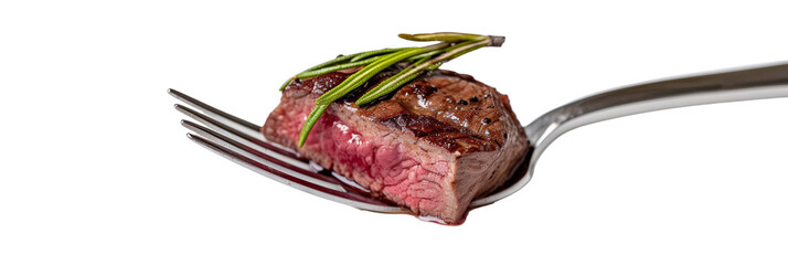 a fork holding a succulent tip of venison tenderloin, showcasing the lean and gamey meat.isolated on