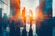 business successful people double exposure with highrise modern city office building business people standing together success agreement and working together 