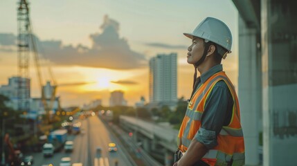 Wall Mural - Asian engineer handsome man or architect looking construction with white safety helmet in construction site.