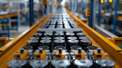Wall Mural - mass production assembly line of electric vehicle battery cells close-up view