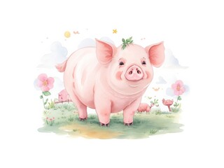 Watercolor Happy farm with cute pig.Watercolor illustration isolated on white background. Generative AI.