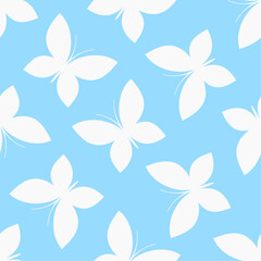 Wall Mural - White butterflies on blue background. Vector seamless pattern. Best for textile, print, wallpapers, and your design.