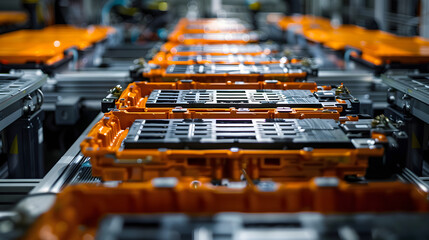 Wall Mural - mass production assembly line of electric vehicle battery cells close-up view