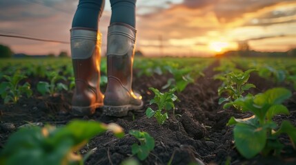 Agricultural workers in rubber boots tend to young crops at sunset. 