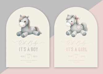 Wall Mural - Cute baby shower watercolor arch invitation card with plush toy horse. Oh baby calligraphy.