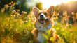 A corgi sitting in a meadow with flowers