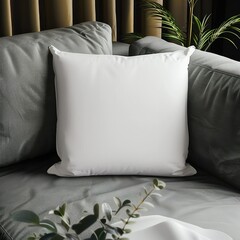 blank white soft pillow mock-up on couch natural light for product presentation.