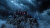 Sinister black haunted castle on rocky cliff, lightnings in the skies