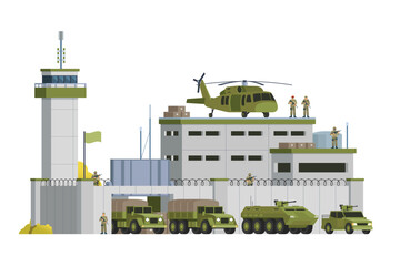 Poster - Vector military base building and vehicle or infographic elements military base buildings for city illustration