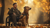 Fototapeta  - Man In A Wheelchair Is Spending Time With His Dog In Autumn Forest 
