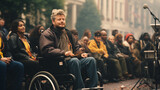 Fototapeta  - A Man In A Wheelchair Is A Spokesperson At A Social Event Dedicated To Problems in Society 