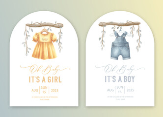 Wall Mural - Cute baby shower watercolor invitation card for baby and kids new born celebration. Its a girl, Its a boy card with baby dress.