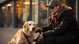 Fototapeta  - A Young Blind Man With His Service Dog In Town Centre