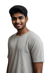 Wall Mural - Young Indian man wearing casual clothes, smiling and looking at the camera, isolated, transparent background, no background. PNG.