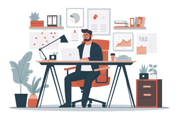 Wall Mural - Businessman seated on a chair and working with a laptop computer device in minimalist office workspace background, business infographics elements, man works at office, work from home freelance concept