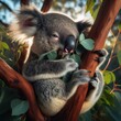 Koala bear sitting in eucalyptus tree, holding a eucalyptus leaf 
