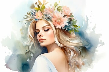 Wall Mural - Beautiful girl with flowers in her hair, fashionable illustration, isolated background, watercolor painting. 