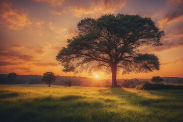 Wall Mural - Oak Tree Silhouetted Against a Vibrant Sunset Sky
