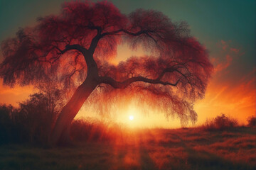 Wall Mural - A Lone Tree Silhouetted Against a Vibrant Sunset