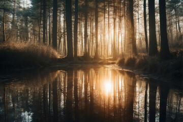 Wall Mural - Golden Sunlight Reflecting on a Forest Pond at Sunrise