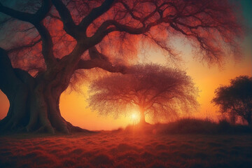 Wall Mural - Tree Silhouetted Against a Vivid Sunset