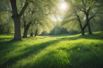 Wall Mural - Sunlit Spring Meadow With Lush Trees and Vibrant Green Grass