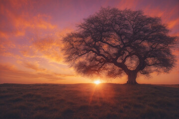 Wall Mural - Tree in Field With Setting Sun