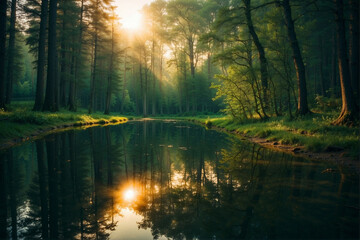 Wall Mural - Sunlight Streaming Through Trees Reflecting in Water