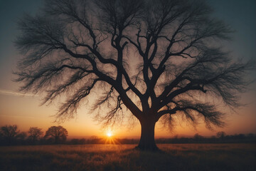 Wall Mural - Tree in Field With Setting Sun