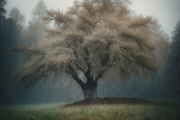 Poster - A Solitary Tree Stands Tall in the Mist of a Foggy Forest