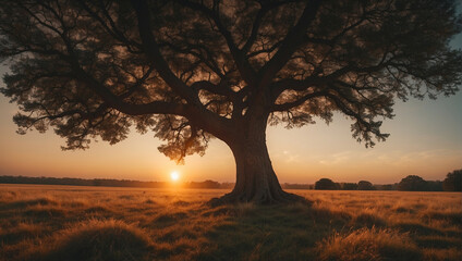 Wall Mural - Sun Setting Behind Tree in Field