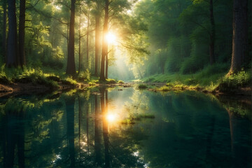 Wall Mural - Sun Shining Through Trees Over Water