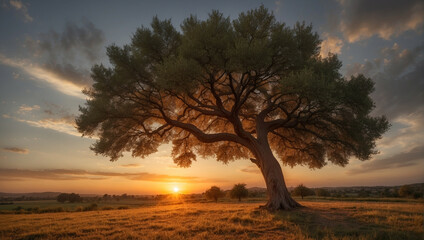 Wall Mural - Tree Standing in Field at Sunset