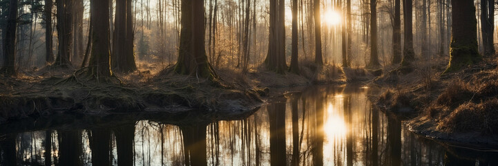 Wall Mural - Sun Shining Through Trees in Forest