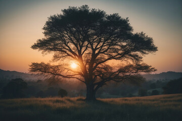 Wall Mural - The Sun Sets Behind a Tree in a Field