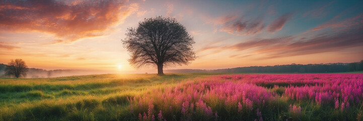Wall Mural - Tree Standing Strong Amidst Sunset Glow in Field