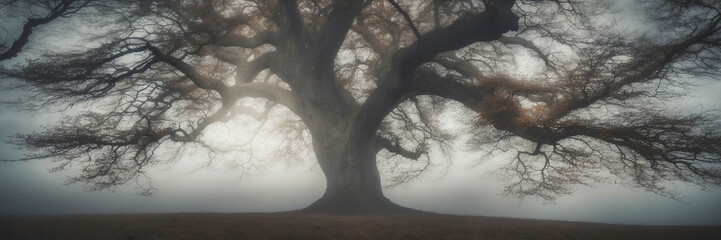 Wall Mural - A Silhouetted Tree in Morning Mist, Illuminating the Landscape