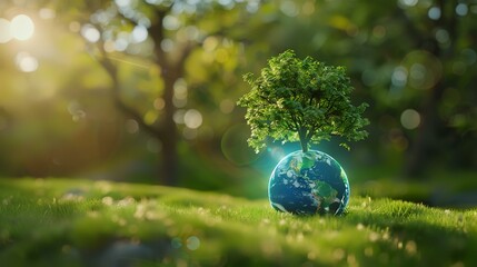 Sticker - Globe with a tree on green grass, save the world concept.