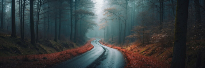 Wall Mural - A Winding Road Through A Foggy Forest on A Rainy Day